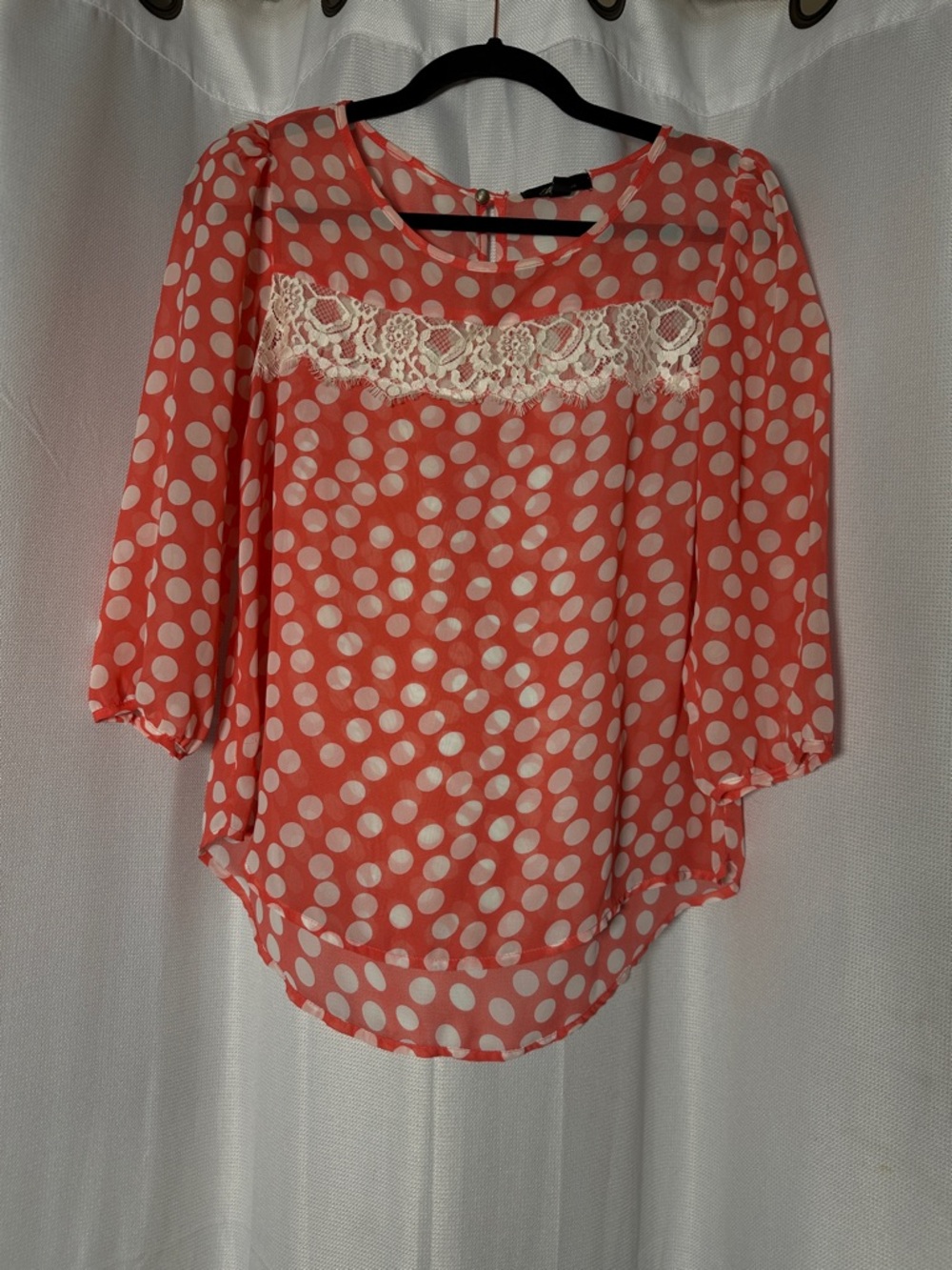 Monteau Women’s Coral Polka Dot Blouse with Lace Yoke Business Top Size M